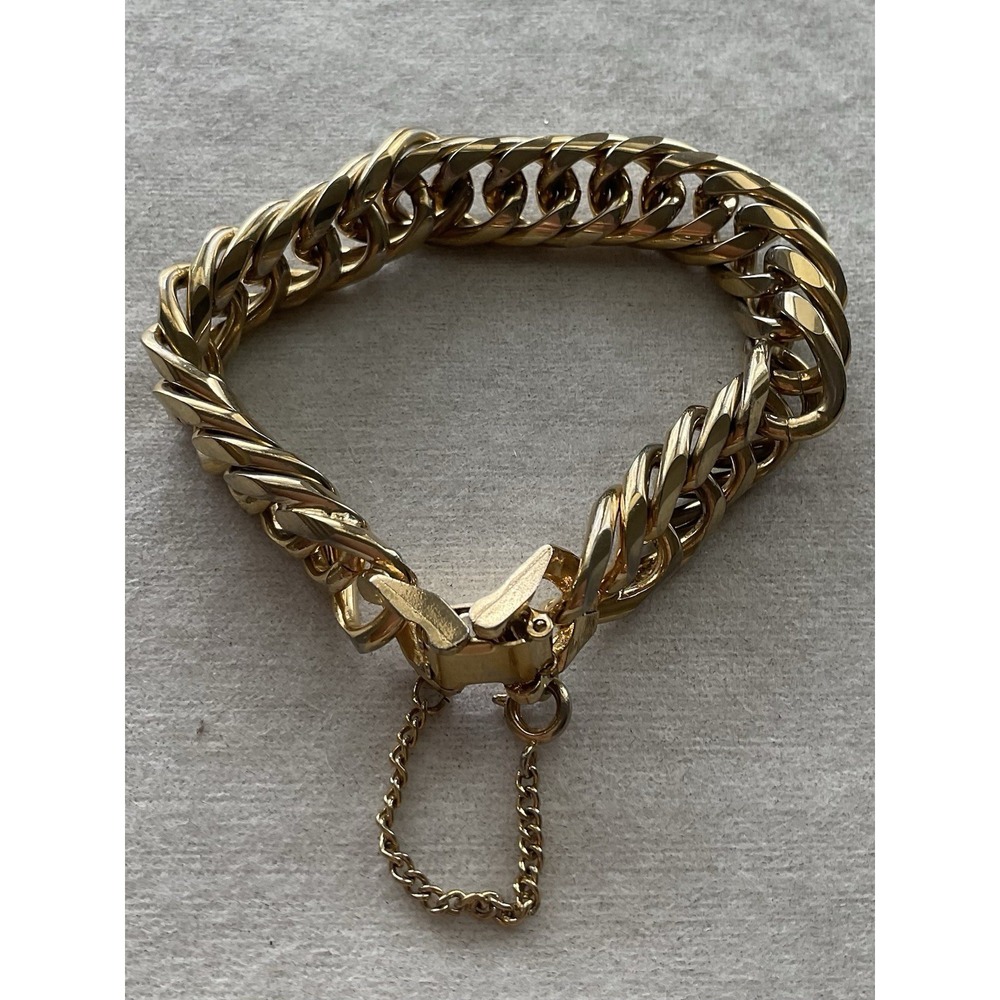 Vintage chunky gold-tone curb-link bracelet Safety Chain Estate Jewelry